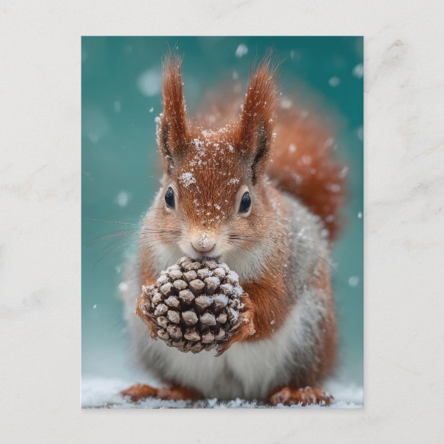 Cartes Pour Fêtes Annuelles Adorable écureuil rouge dans la neige avec un Pine (Devant)