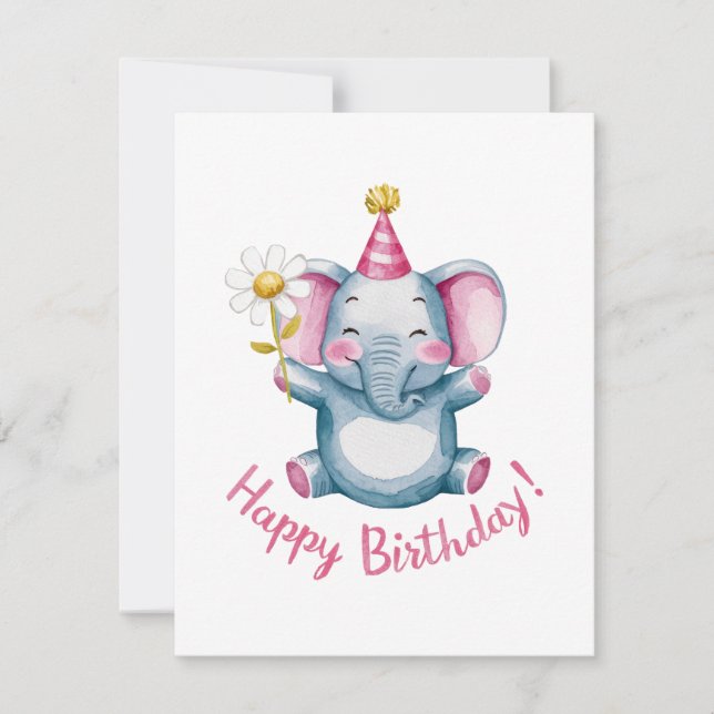 Cartes Pour Fêtes Annuelles Adorable éléphant avec Casquette de fête et fleurs (Devant)
