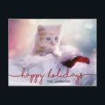 Cartes Pour Fêtes Annuelles Adorable Ginger Kitten Chat Santa Hat Noël<br><div class="desc">Simplement beau Joyeux Noël, Carte postale Joyeux Fêtes . Adorable, chaton gingembre mignon (chat) avec les yeux bleus assis sur le casquette du Père Noël et des lumières scintillantes et la neige (flocons de neige) sur l'arrière - plan. Pour les amoureux de les chats ! Carte de voeux parfaite pour...</div>