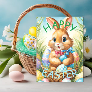Cartes Pour Fêtes Annuelles Adorable lapin de Pâques en panier avec des oeufs