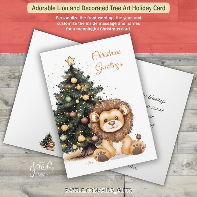 Cartes Pour Fêtes Annuelles Adorable Lion and Decorated Tree Art (Sweet baby lion with a glowing Christmas tree for a warm and charming holiday greeting)