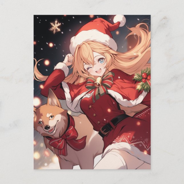 Cartes Pour Fêtes Annuelles Adorable Père Noël Anime Girl and Christmas Shiba  (Devant)
