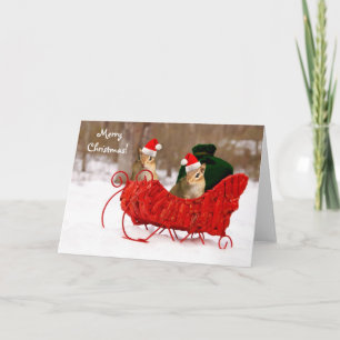 Cartes Pour Fêtes Annuelles Adorable Père Noël Chipmunks bébé en Sleigh Card