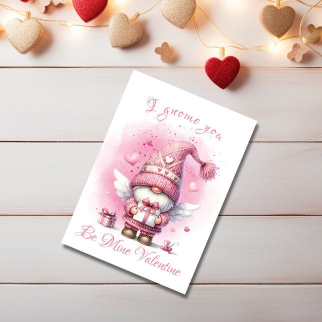 Cartes Pour Fêtes Annuelles Adorable rose Gnome Avec Cadeau Aquarelle Valentin (Créateur téléchargé)