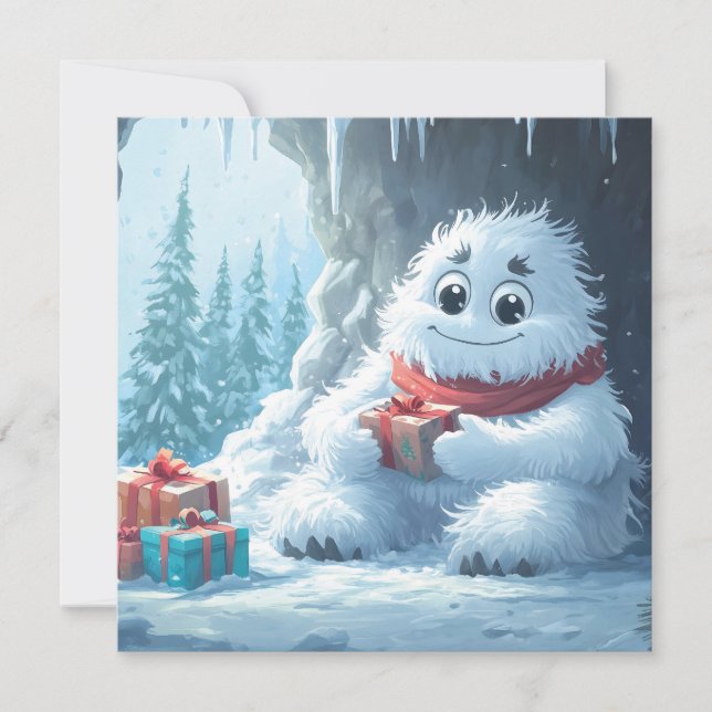 Cartes Pour Fêtes Annuelles Adorable Yeti avec cadeaux de Noël dans une grotte (Devant)