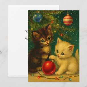 Cartes Pour Fêtes Annuelles Adorables Chatons Sous l'Arbre de Noël Rétro