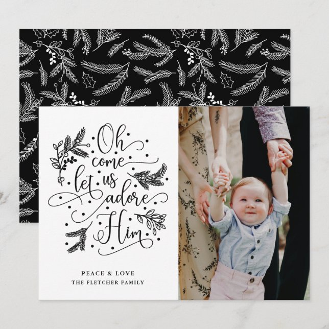 Cartes Pour Fêtes Annuelles Adore-Le | Photo Christmas Flat Card | Black (Devant / Derrière)