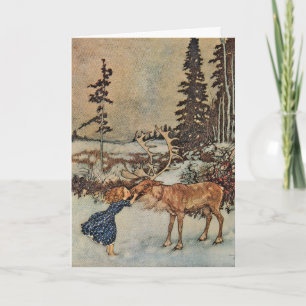 Cartes Pour Fêtes Annuelles Affiche de scène hivernale vintage de fille au ren