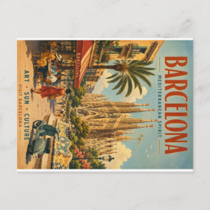 Cartes Pour Fêtes Annuelles Affiche de voyage vintage de Barcelone avec la Méd