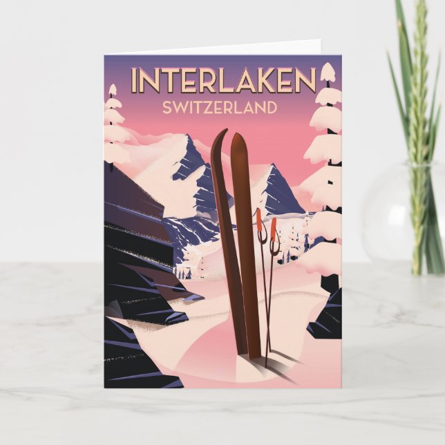 Cartes Pour Fêtes Annuelles Affiches de voyage Interlaken Switzerland Ski. (Devant)