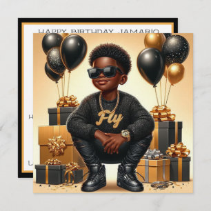 Cartes Pour Fêtes Annuelles African American Boy Black/Gold Anniversaire éléga