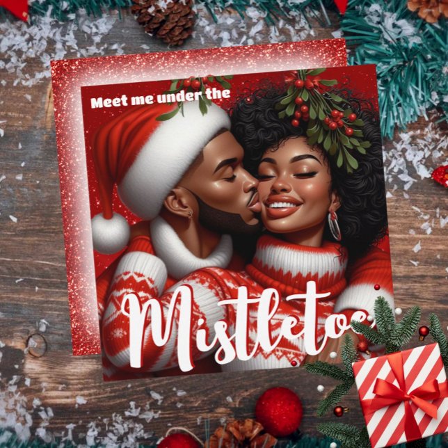 Cartes Pour Fêtes Annuelles Afrique-Américaine en couple Noël Mistletoe Kiss (African American Couple Christmas Mistletoe Kiss Holiday Card)