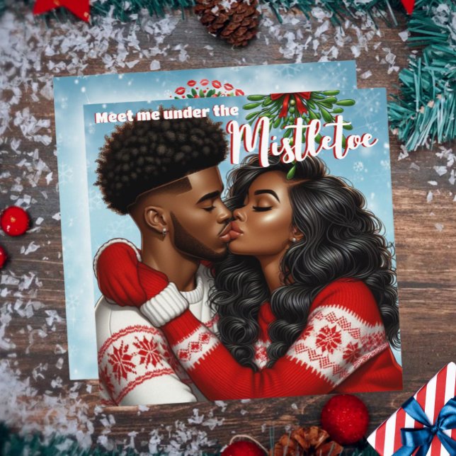 Cartes Pour Fêtes Annuelles Afrique-Américaine en couple Noël Mistletoe Kiss (African American Sweethearts Couple Christmas Mistletoe Kiss Holiday Card)