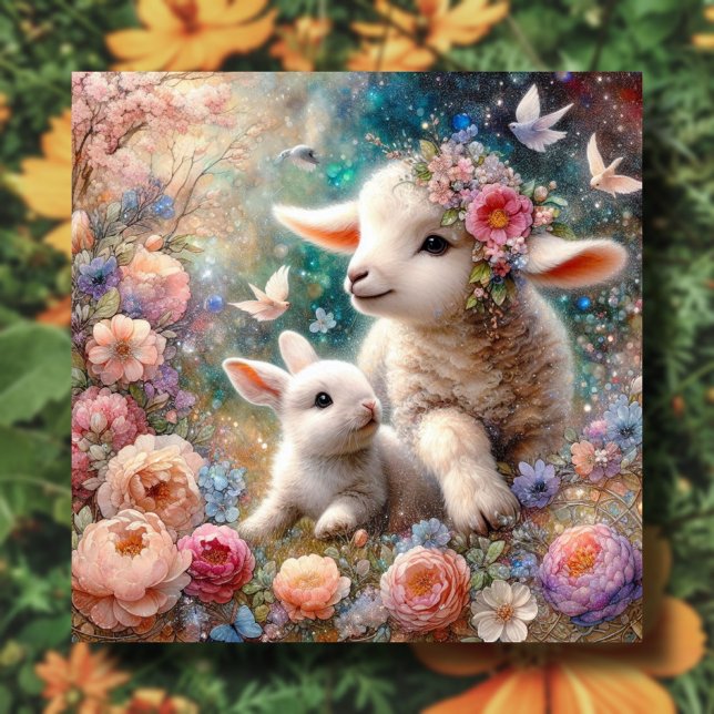 Cartes Pour Fêtes Annuelles Agneau pastel doux et lapin Pâques chrétiennes (Créateur téléchargé)