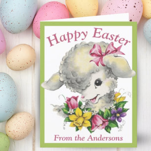 Cartes Pour Fêtes Annuelles Agneau rétro vintage et fleurs Joyeux Pâques perso