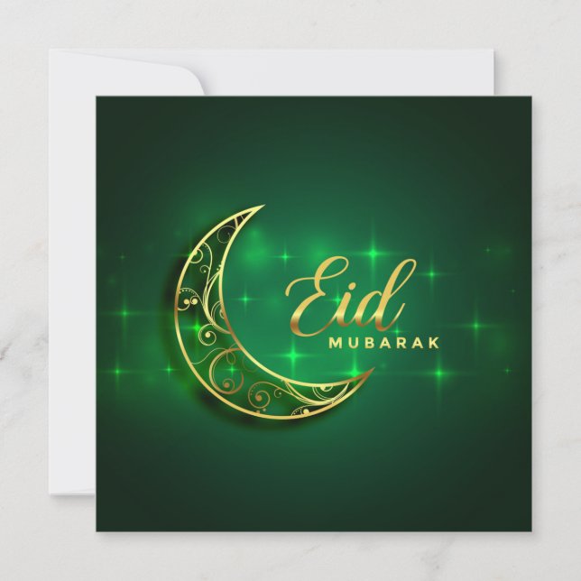 Cartes Pour Fêtes Annuelles Aïd Moubarak - Croissant d'or Étincelle verte (Devant)