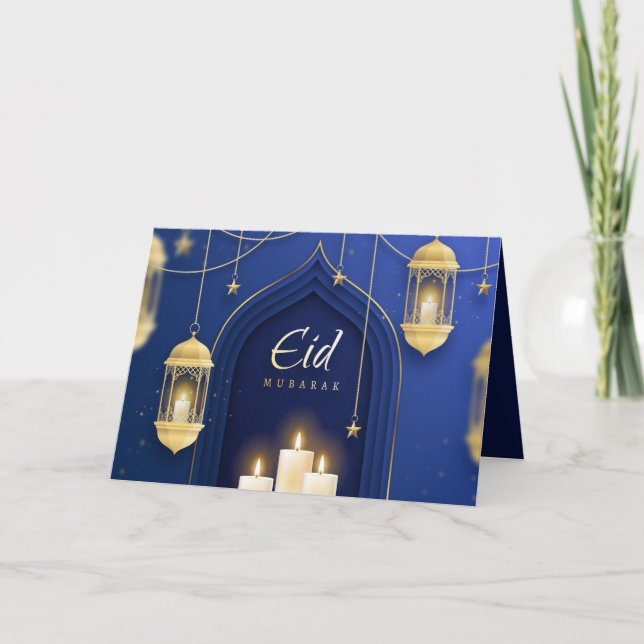 Cartes Pour Fêtes Annuelles Aïd Moubarak Lanterne Islamique Étoile Bougie Bleu (Devant)