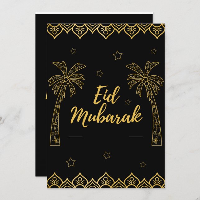 Cartes Pour Fêtes Annuelles Aïd Moubarak Noir Et Or (Devant / Derrière)