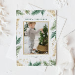 Cartes Pour Fêtes Annuelles Aiguilles de pin à huile Faux Gold Photo Noël<br><div class="desc">Joyeux Noël! Envoyez des voeux de vacances festives avec notre carte postale de Noël personnalisable, avec une belle aquarelle verte et de faux aiguilles de pin de feuille d'or. Personnalisez cette élégante carte postale de Noël avec votre photo préférée et votre message personnalisé pour un séjour unique et élégant, saluant...</div>