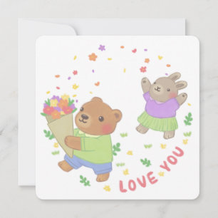 Cartes Pour Fêtes Annuelles Aimez-vous : Ours et lapin en peluche avec fleurs