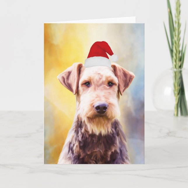 Cartes Pour Fêtes Annuelles Airedale Chien Noël Santa Hat Art Portrait (Devant)
