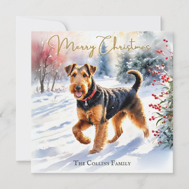 Cartes Pour Fêtes Annuelles Airedale Terrier Chien En Hiver Noël De Neige (Devant)