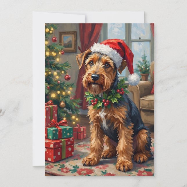 Cartes Pour Fêtes Annuelles Airedale Terrier Santa Hat Christmas Fun Art (Devant)