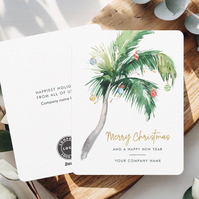 Cartes Pour Fêtes Annuelles Ajouter Entreprise Logo Noël (Christmas Greetings Palm Tree Coastal Business Logo Card)