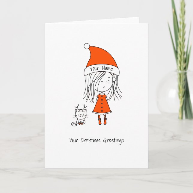 Cartes Pour Fêtes Annuelles Ajouter Votre Texte Cute Girl Cat Dessin Funny Gir (Devant)