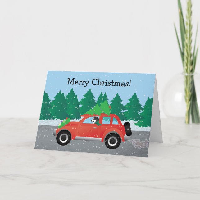 Cartes Pour Fêtes Annuelles Alaskan Malamute voiture de Noël (Devant)