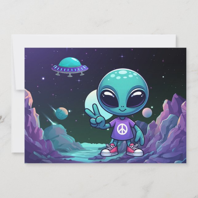 Cartes Pour Fêtes Annuelles Alien de paix mignon et vaisseau spatial (Devant)