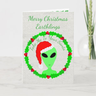 Cartes Pour Fêtes Annuelles Alien Père Noël Holly Joyeux Anneaux de Noël