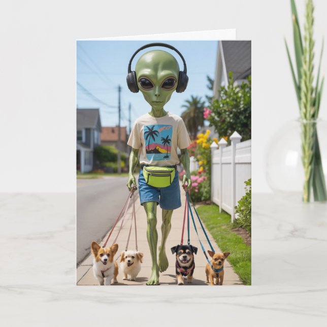 Cartes Pour Fêtes Annuelles Alien Walkin' the Dog Card (Devant)