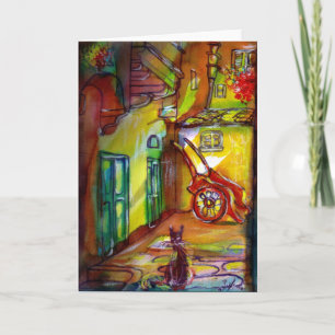 CARTES POUR FÊTES ANNUELLES ALLÉE MÉDIÉVALE DE NUIT À FLORENCE AVEC CHAT NOIR