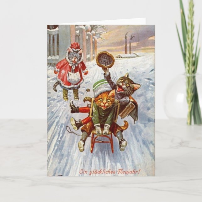Cartes Pour Fêtes Annuelles Allemand vintage - Nouvel An Chats Sledding, (Devant)