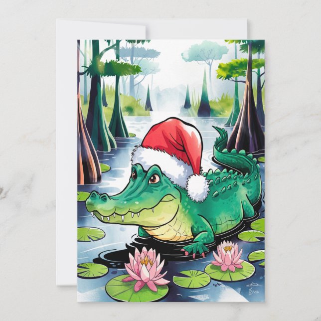 Cartes Pour Fêtes Annuelles Alligator de Noël sur le Bayou (Devant)
