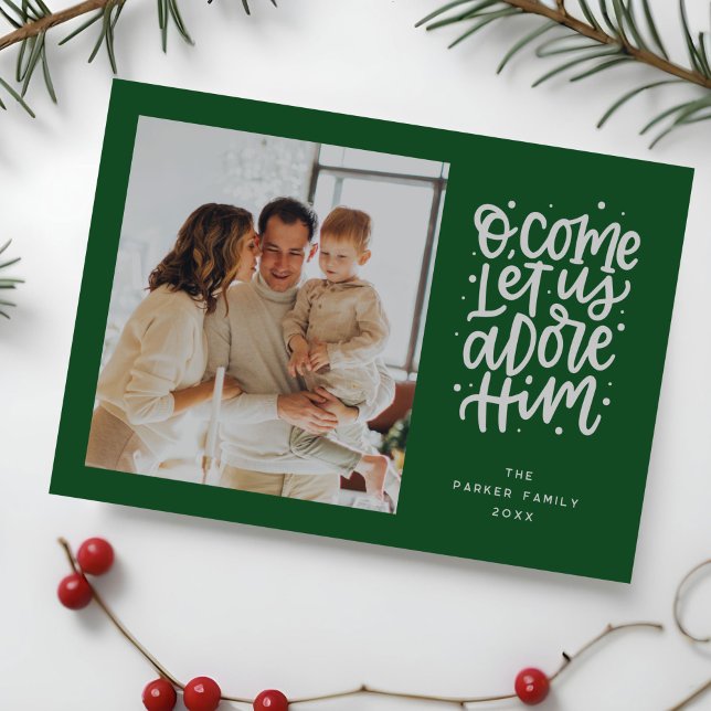 Cartes Pour Fêtes Annuelles Allons, Adorons-Le Noël Religieux (Religious Christmas photo card with Christmas hymn - o come let us adore Him - in hand lettering)