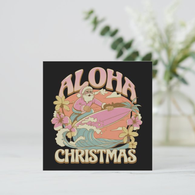 Cartes Pour Fêtes Annuelles Aloha Noël Surfant Santa Hawaïen Kalikimaka  (Debout devant)