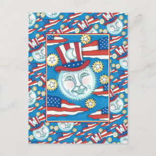 CARTES POUR FÊTES ANNUELLES AMÉRICAIN L'ART PATRIOTIQUE DU FOLK DANS LA LUNE