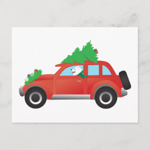 Cartes Pour Fêtes Annuelles American Eskimo Chien voiture avec arbre de Noël