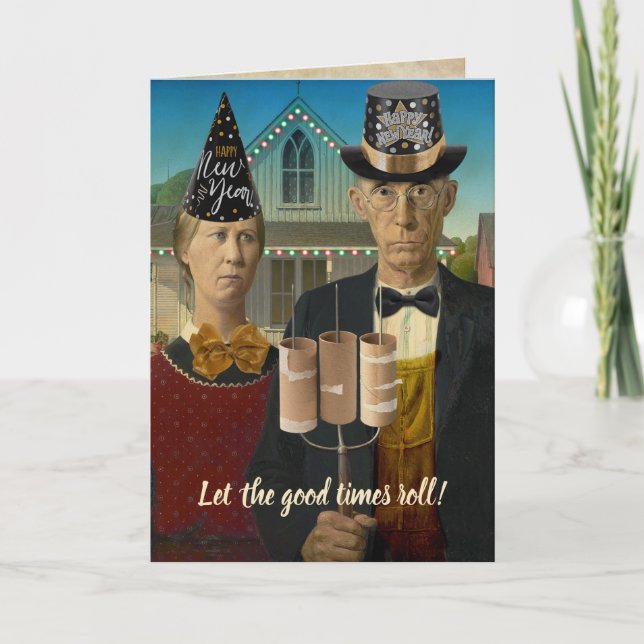 Cartes Pour Fêtes Annuelles American Gothic Bonne Année Laissez les bons temps (Devant)