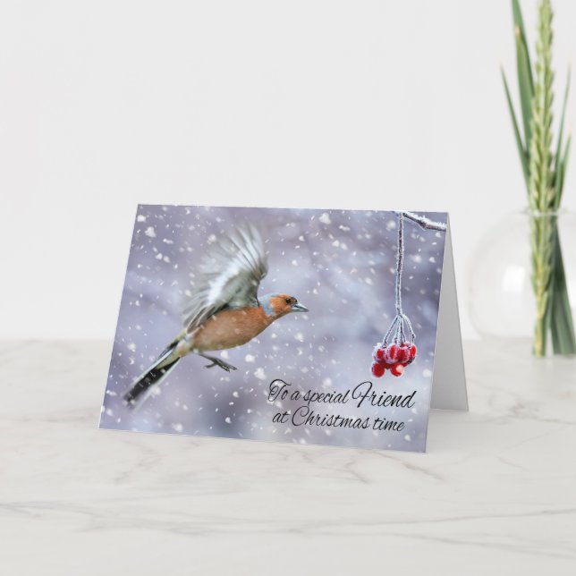 Cartes Pour Fêtes Annuelles Ami Chaffinch Dans La Neige d'hiver Salutation (Devant)