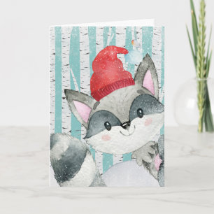 Cartes Pour Fêtes Annuelles Amis Animaux de la Forêt en Hiver - Raton Laveur