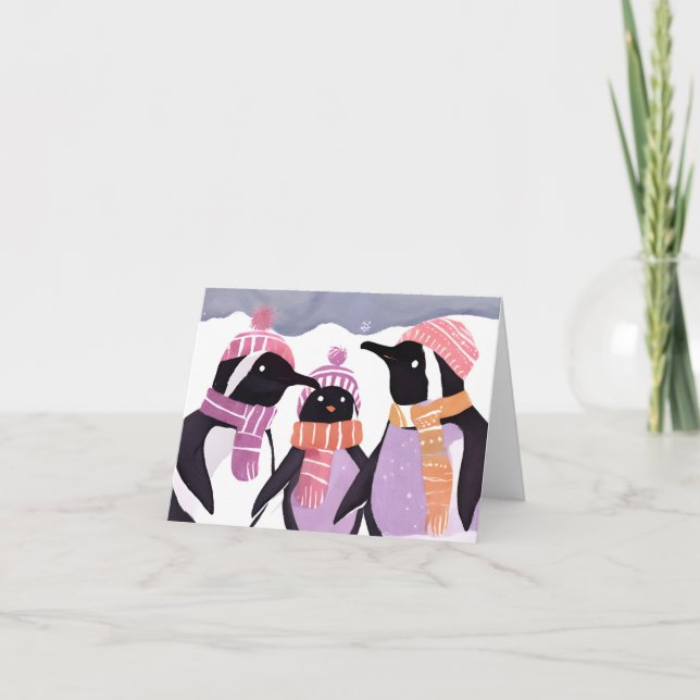 Cartes Pour Fêtes Annuelles Amis des pingouins de Noël | Aquarelle d'hiver (Devant)
