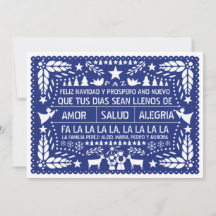 Cartes Pour Fêtes Annuelles Amor, salud, Noël de bleu de picado de papel