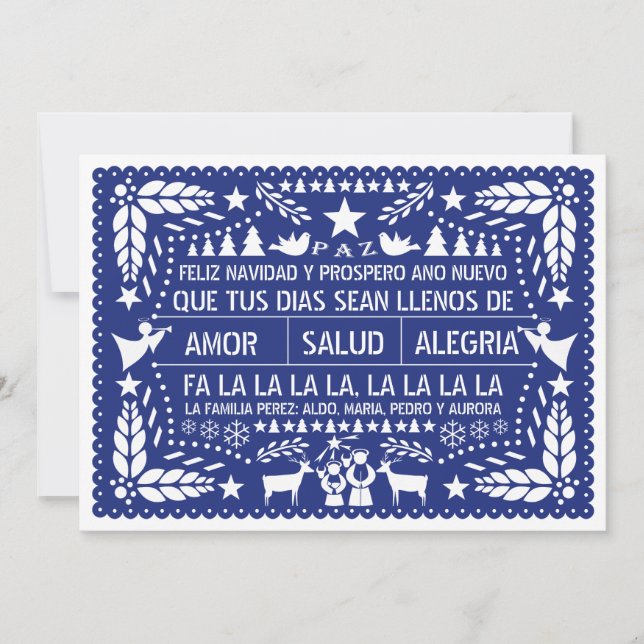 Cartes Pour Fêtes Annuelles Amor, salud, Noël de bleu de picado de papel (Devant)