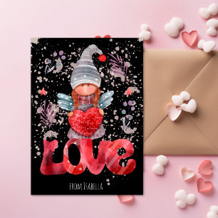 Cartes Pour Fêtes Annuelles Amour Aquarelle Lady Gnome Avec Coeur Valentine