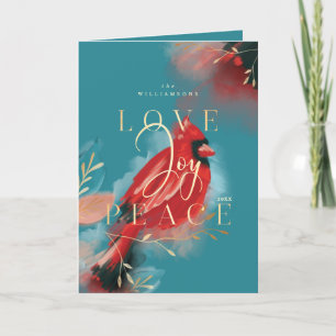Cartes Pour Fêtes Annuelles Amour Joie & Paix Cardinal Rouge Aquarelle Bleu Sa