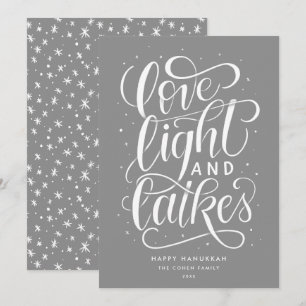 Cartes Pour Fêtes Annuelles Amour Lumière et Latkes sur Hanukkah gris