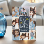 Cartes Pour Fêtes Annuelles Amour, Lumière & Latkes | Hanoukka Photo Collage<br><div class="desc">Un carte photo Hanoukka amusant et festif présente huit photos disposées dans un montage. "Amour,  lumière,  lokes" apparaît dans le centre en lettres blanches sur un arrière - plan bleu foncé accentué d'étoiles. Personnalisez avec vos noms et l'année.</div>